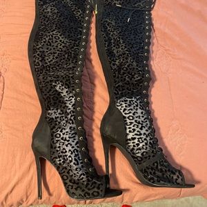 Mesh leopard thigh high stiletto boot